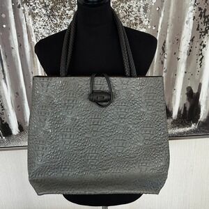 Gray Faux‎ Crocodile-Embossed Dual Braided Top Closure Buckle Large Tote Bag